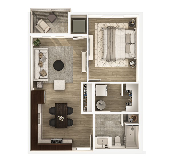 Floor plan for 1 bed, 1 bath, 654 sqft
